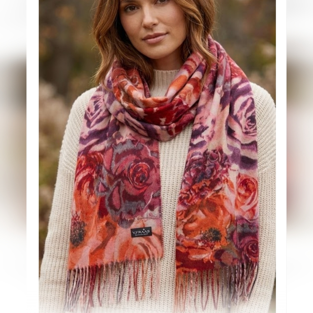 V.FRAAS Cashmink Scarf Acrylic Fringe Red Pink Floral Print Fall‎ Winter